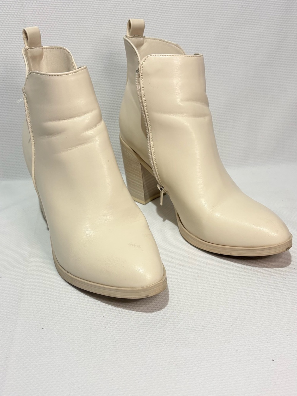 BKE Cream Leather Ankle Booties with Block Heel